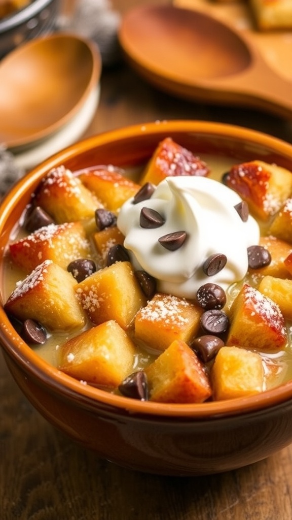 A bowl of warm bread pudding topped with powdered sugar and whipped cream, surrounded by a rustic kitchen setting.
